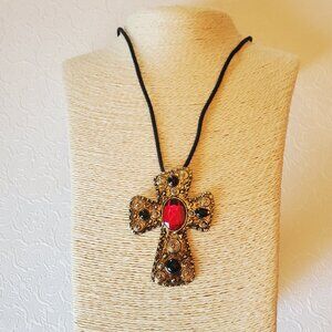 Vintage Gold-Tone Jeweled Cross Pendant with Matching Earrings